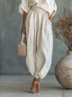 Women's Off-White Set with Off-Shoulder Top and Tapered Pants