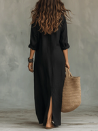 Soline™ | Oversized Black Maxi Dress with Buttons