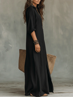 Soline™ | Oversized Black Maxi Dress with Buttons